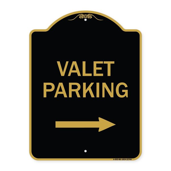 Signmission Valet Parking with Right Arrow, Black & Gold Aluminum Architectural Sign, 18" x 24", BG-1824-22749 A-DES-BG-1824-22749